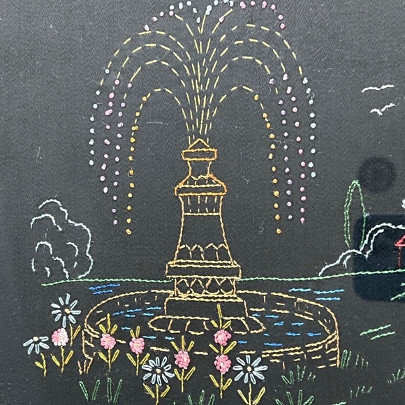 Handmade Embroidered Water Fountain Cabin Flowers Framed Art on Black Vintage - Picture 2 of 5